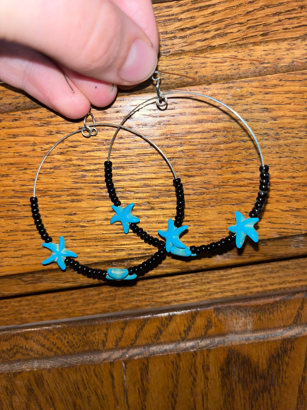 Black Seed Bead Hoop Earrings with Turquoise Starfish