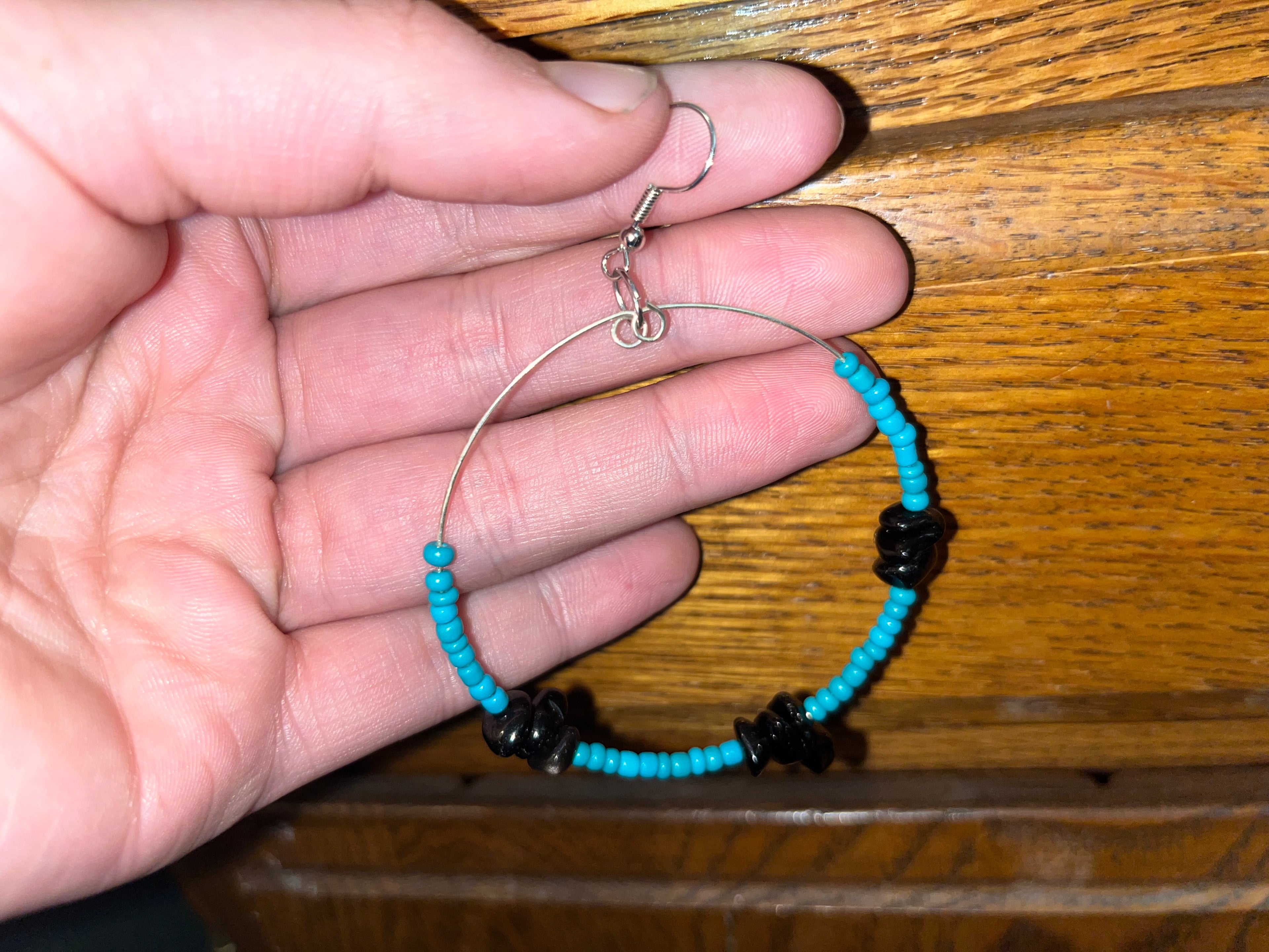Black Stone Hoop Earrings with Turquoise Seed Beads