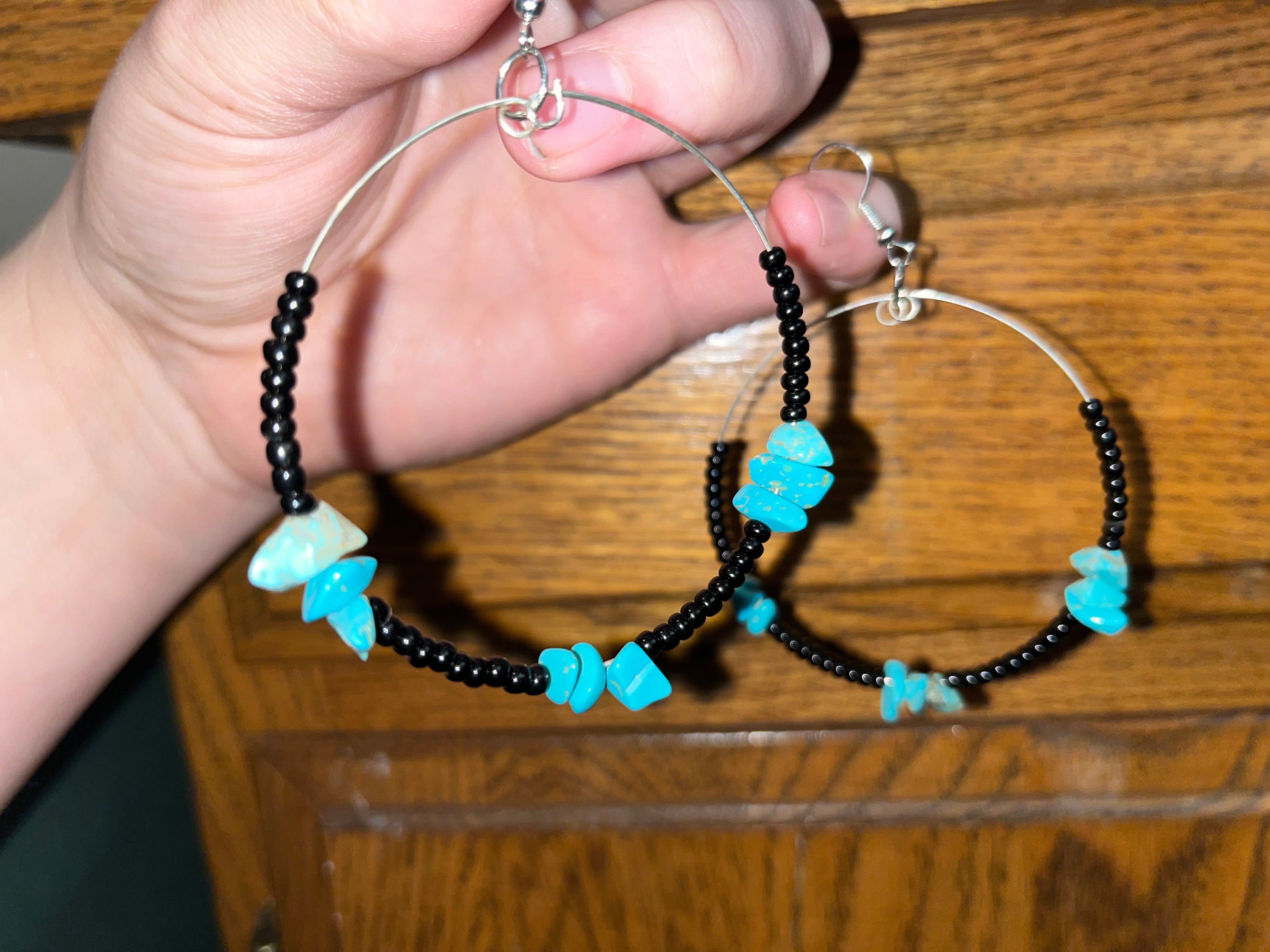 Black Seed Bead Hoop Earrings with Turquoise