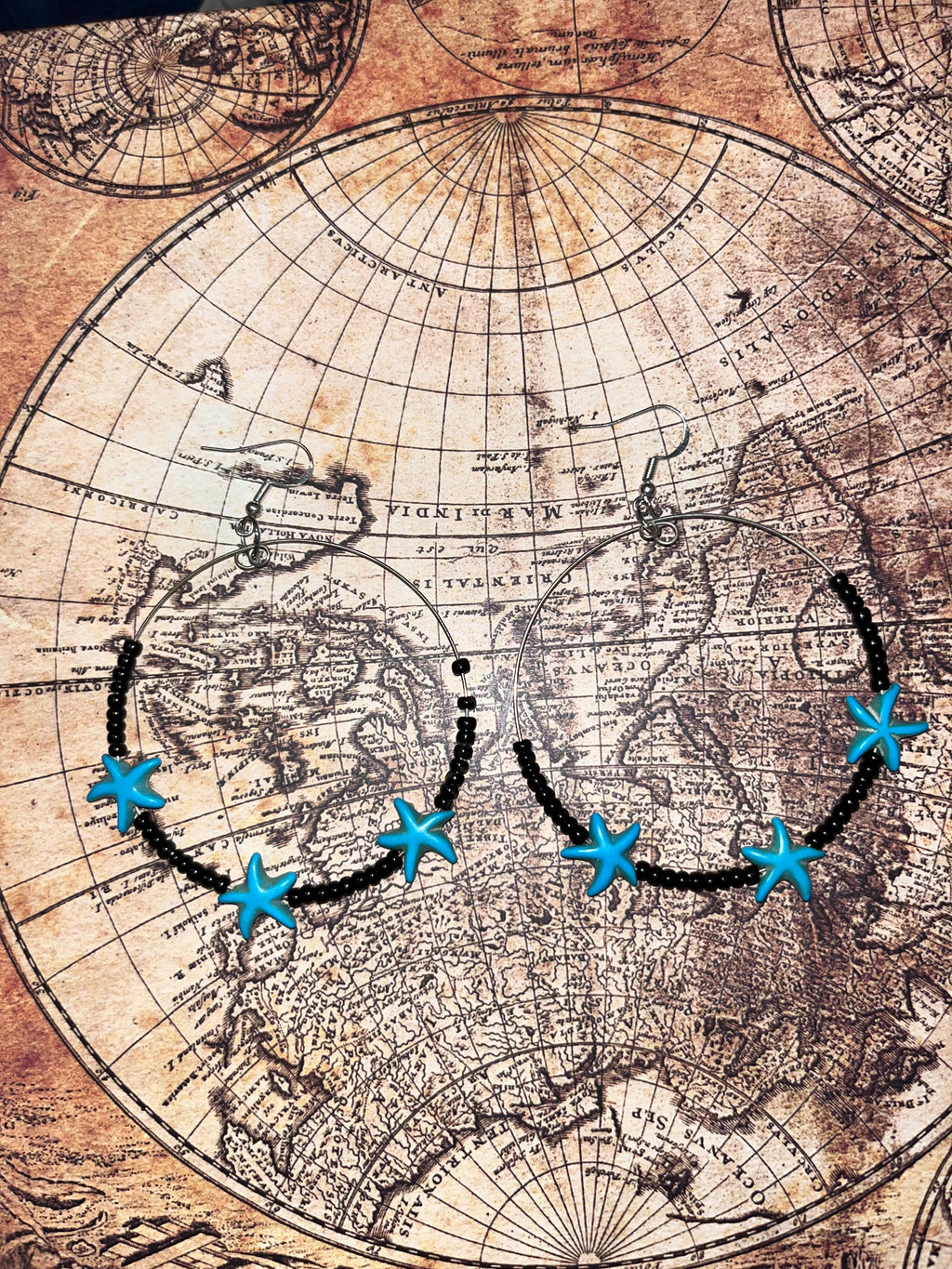 Black Seed Bead Hoop Earrings with Turquoise Starfish