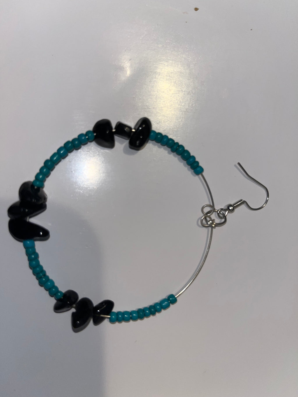 Black Stone Hoop Earrings with Turquoise Seed Beads