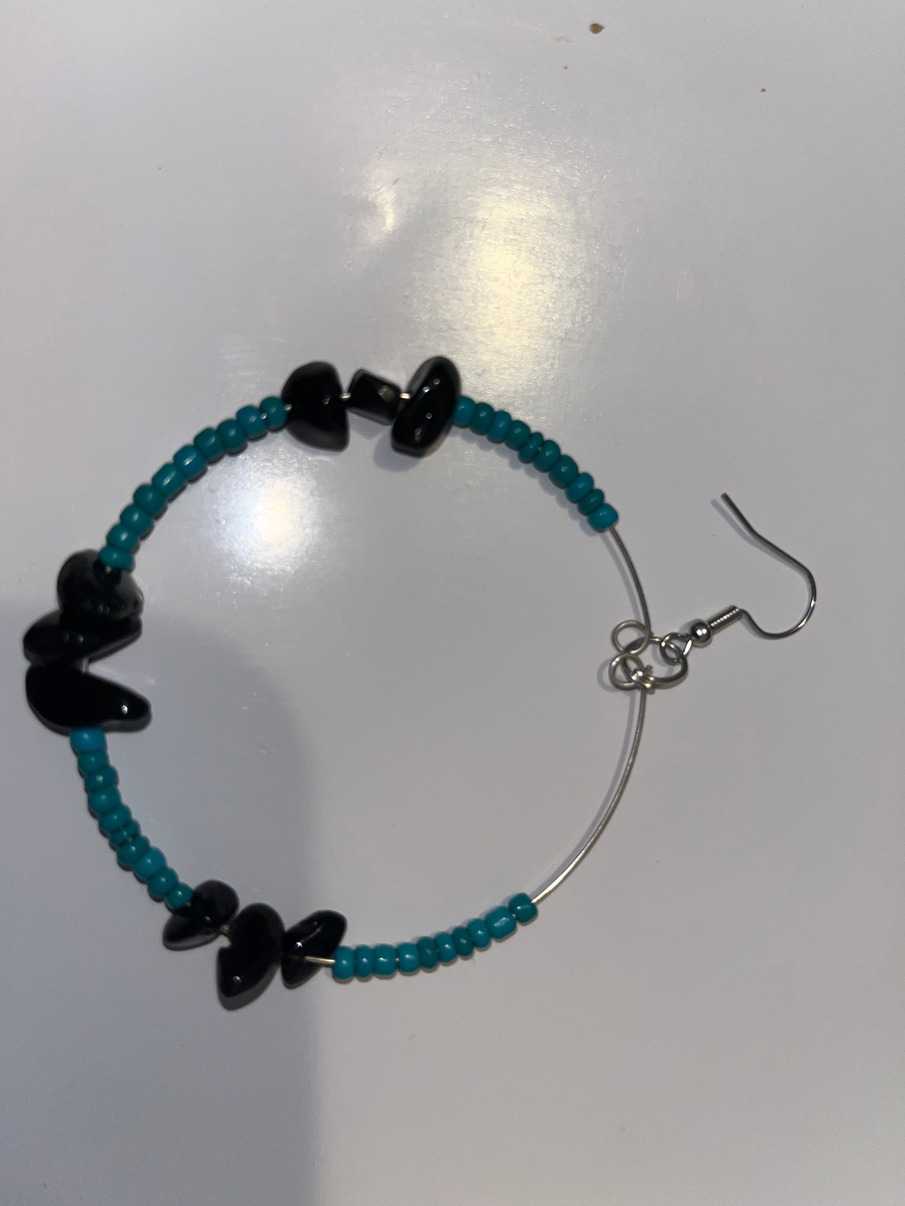 Black Stone Hoop Earrings with Turquoise Seed Beads