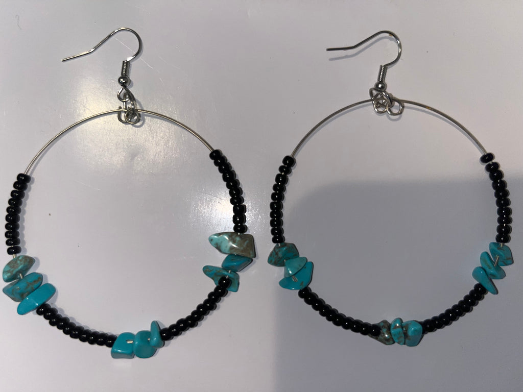 Black Seed Bead Hoop Earrings with Turquoise