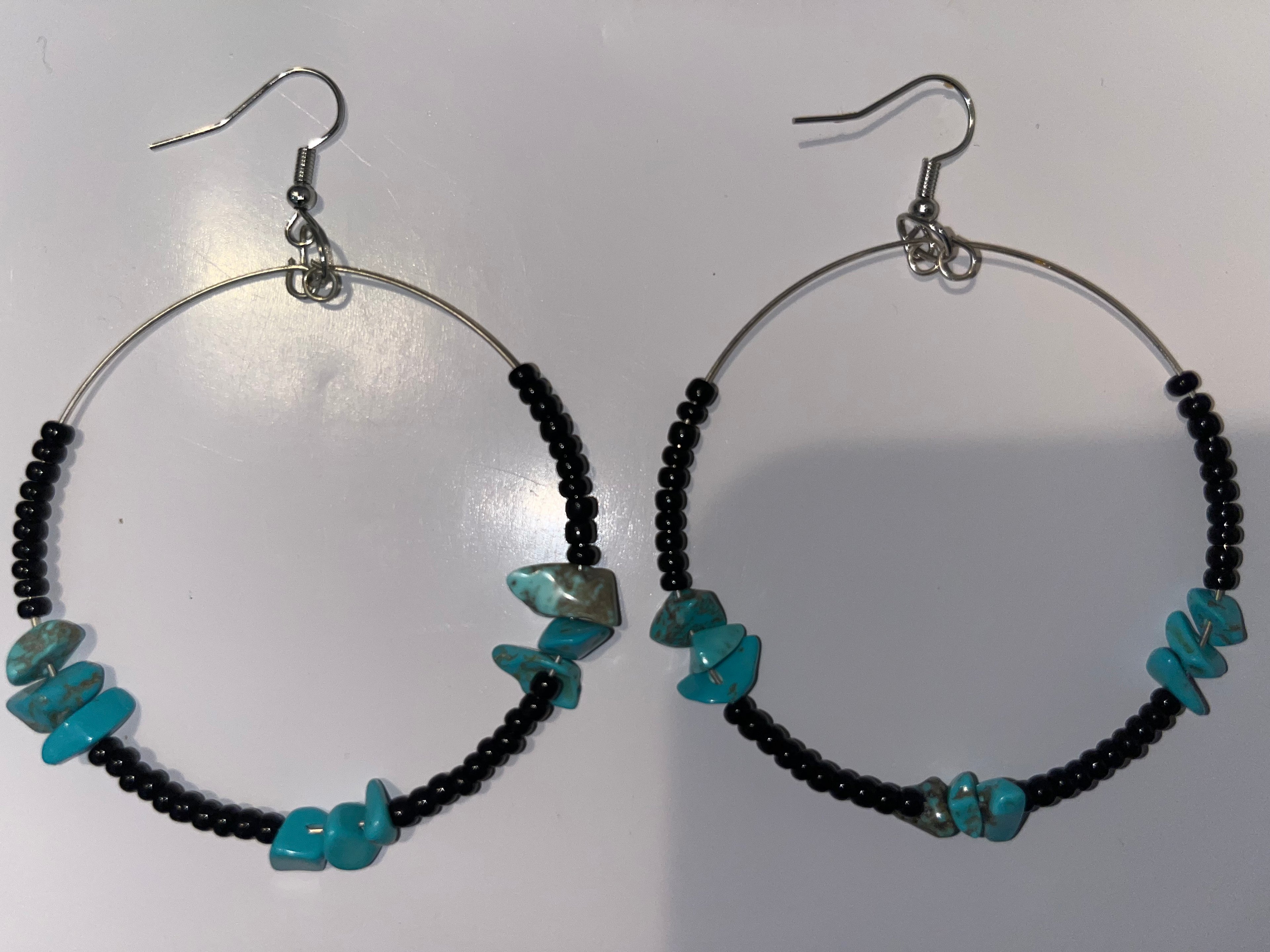 Black Seed Bead Hoop Earrings with Turquoise