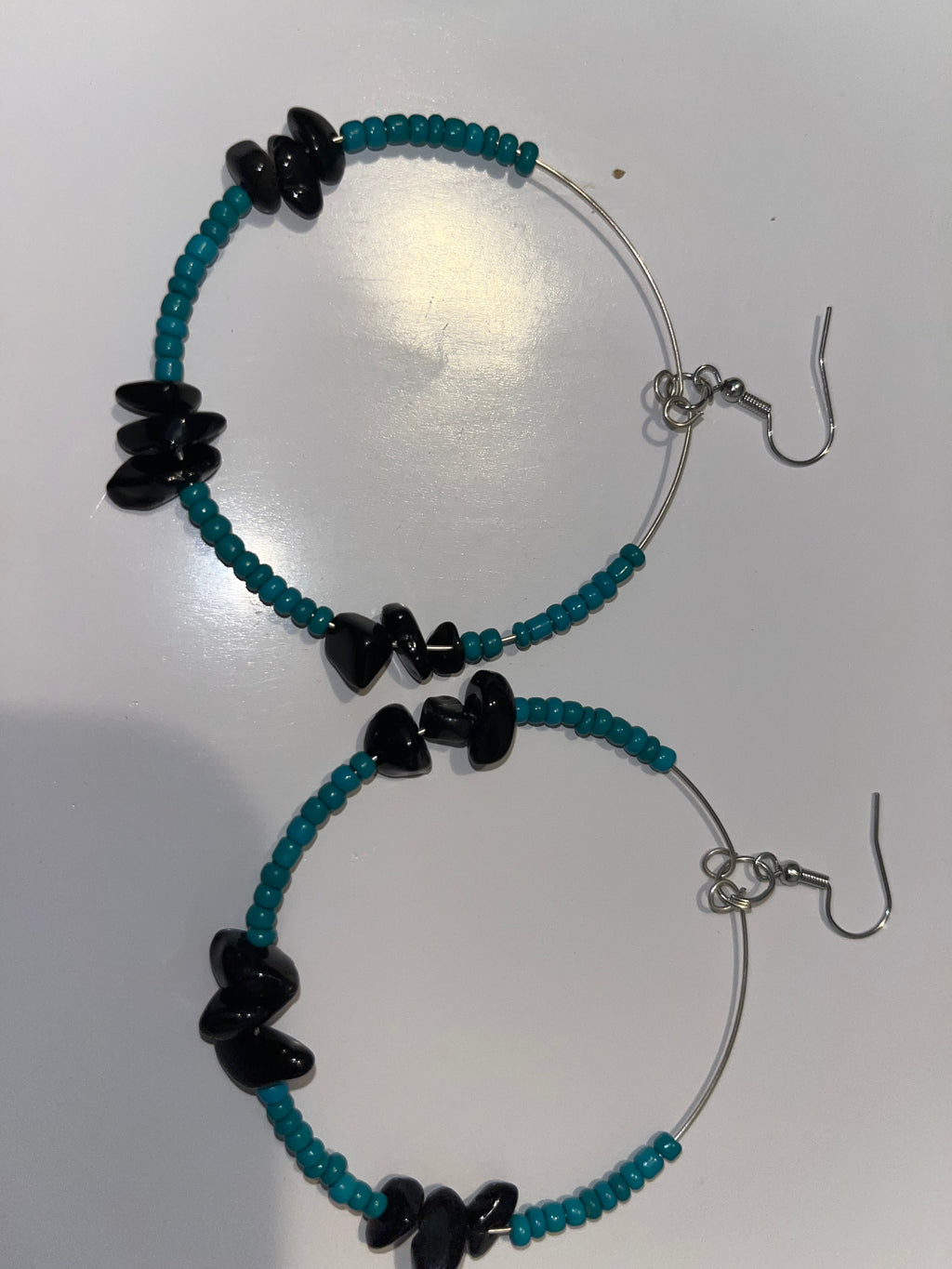 Black Stone Hoop Earrings with Turquoise Seed Beads