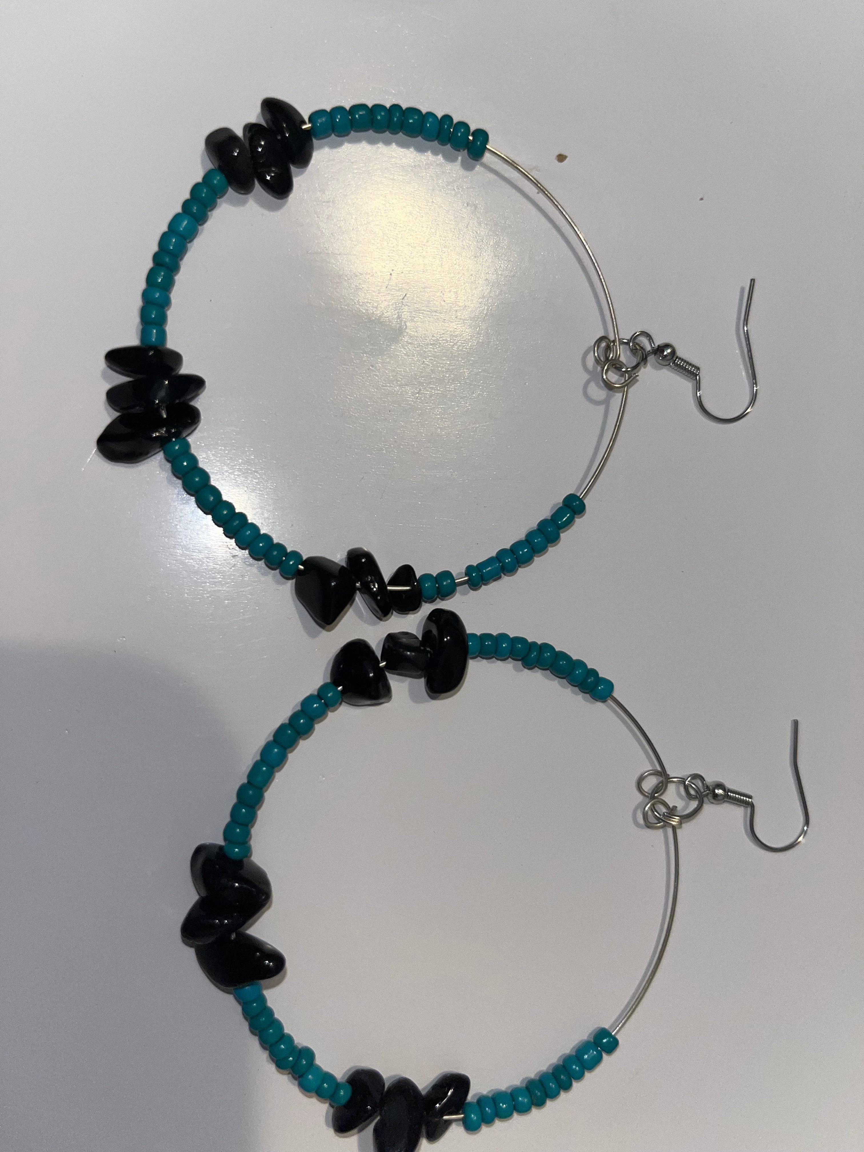 Black Stone Hoop Earrings with Turquoise Seed Beads