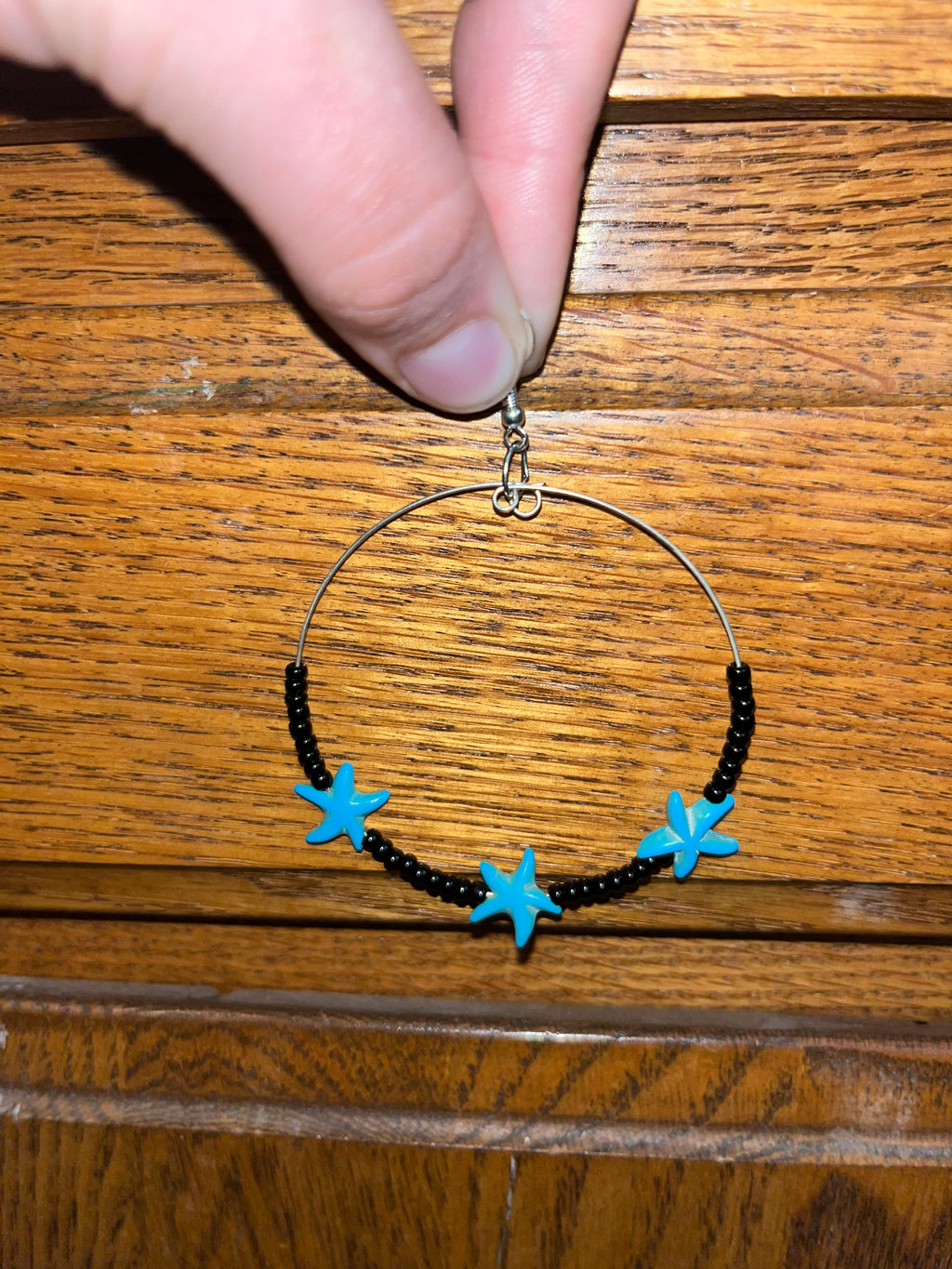 Black Seed Bead Hoop Earrings with Turquoise Starfish