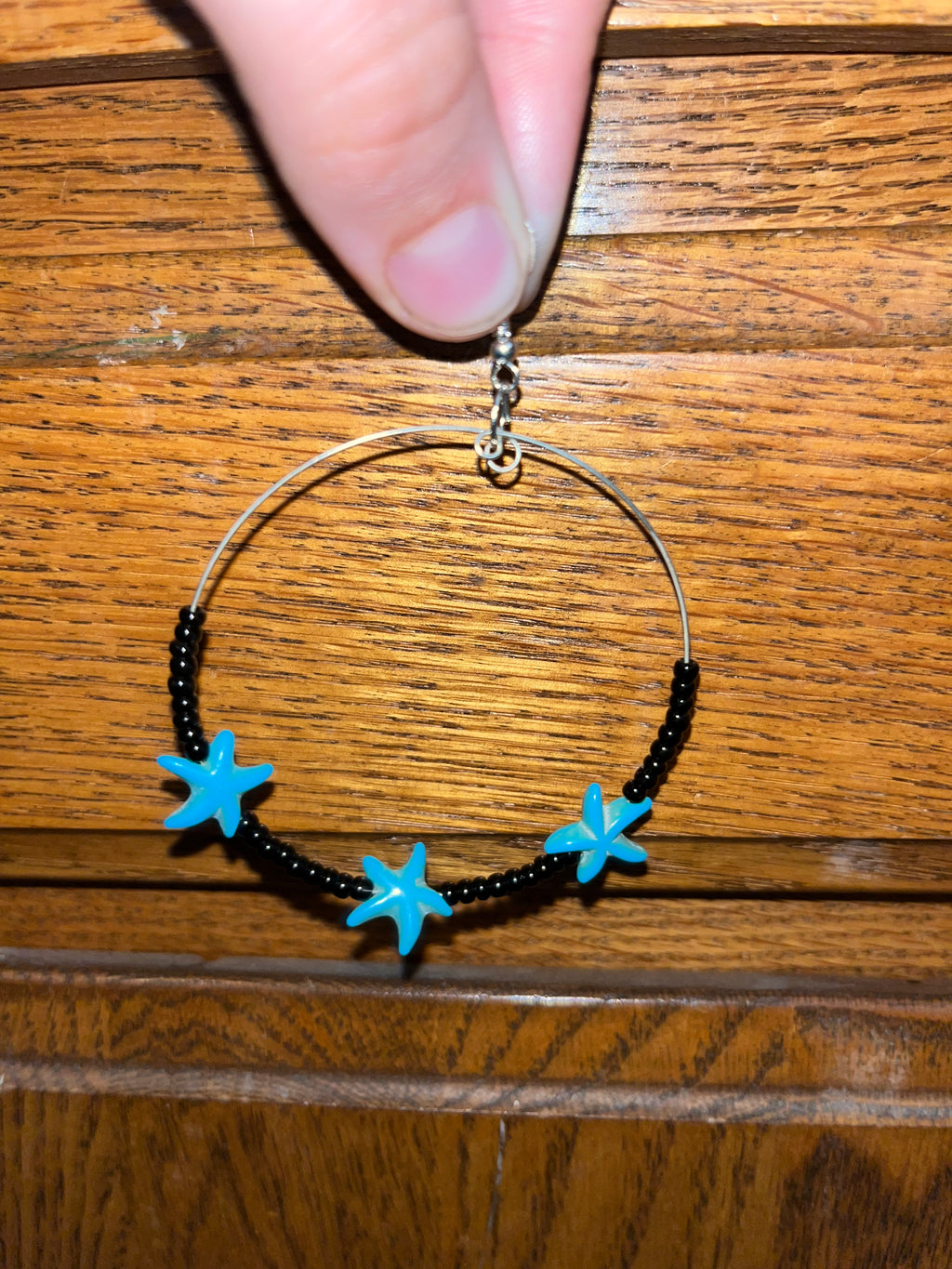 Black Seed Bead Hoop Earrings with Turquoise Starfish