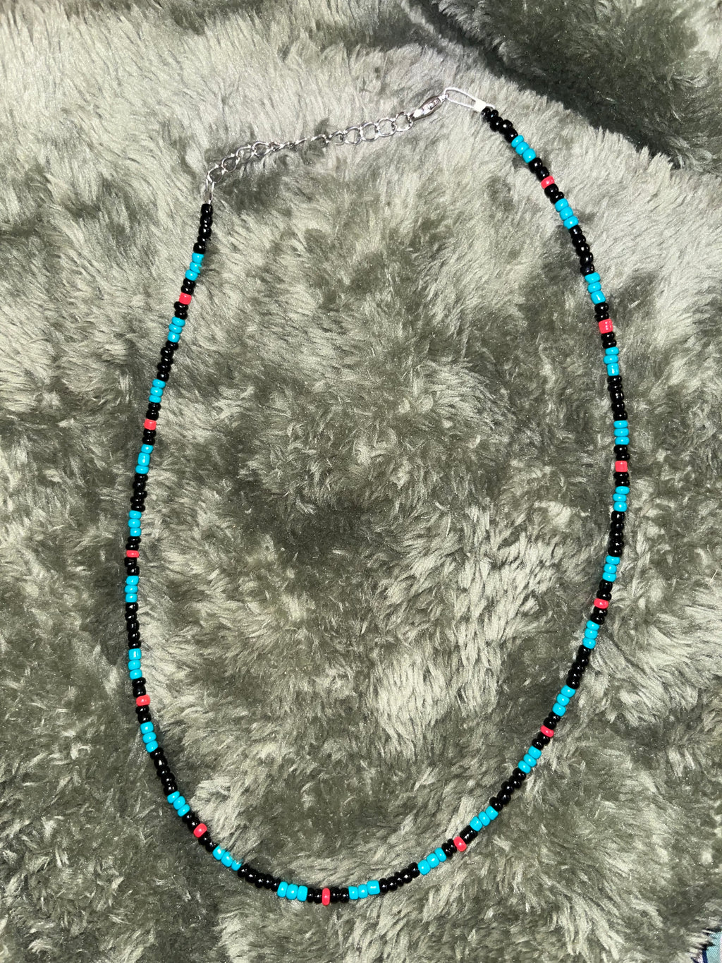 Black & Turquoise Seed Bead Necklace with Red Accents