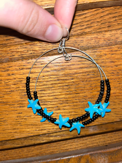 Black Seed Bead Hoop Earrings with Turquoise Starfish
