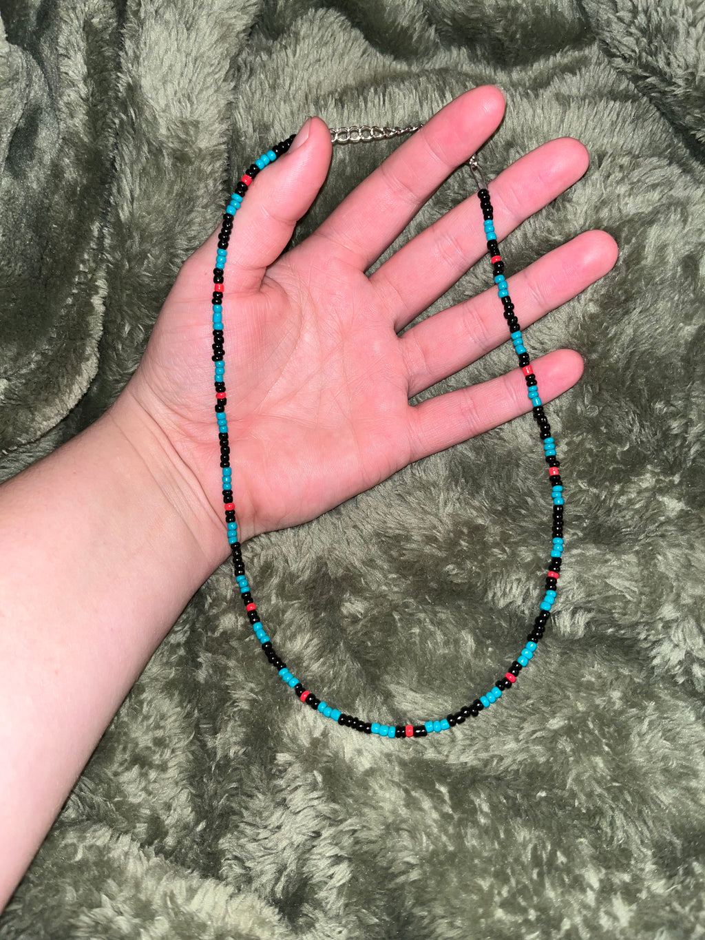 Black & Turquoise Seed Bead Necklace with Red Accents