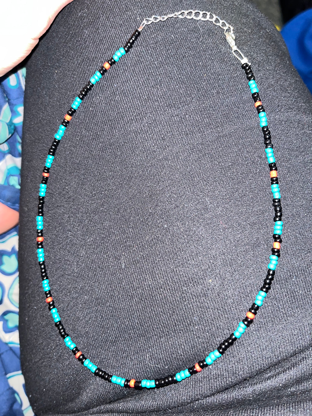 Black & Turquoise Seed Bead Necklace with Red Accents