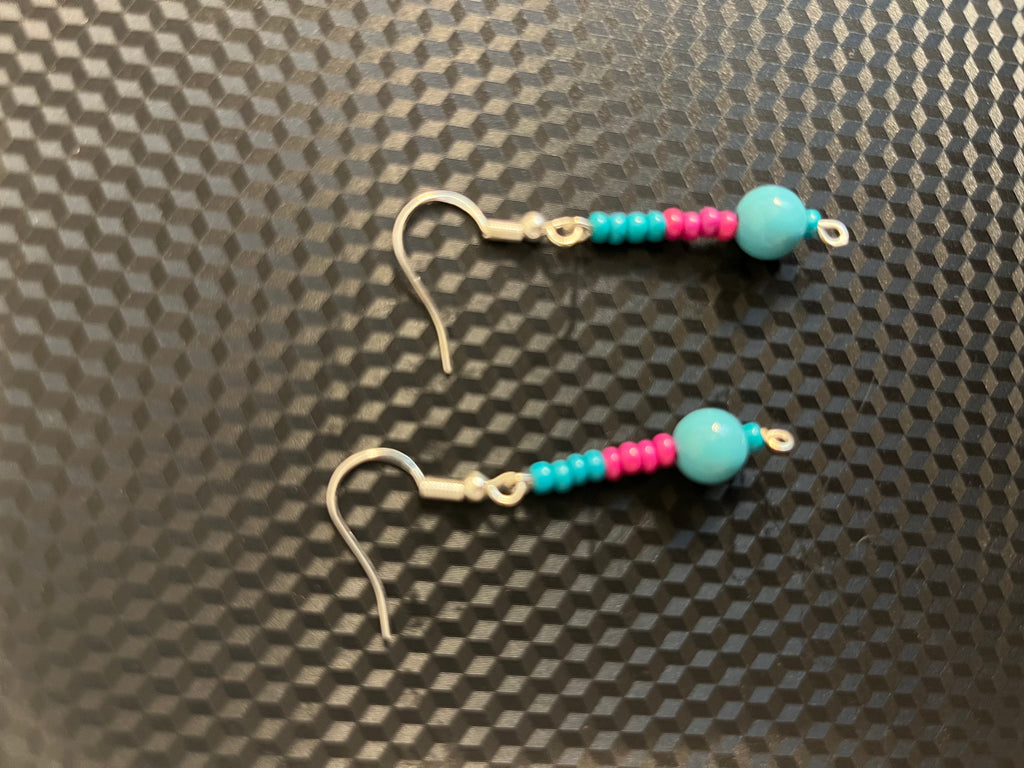 Mini Turquoise & Pink Seed Bead Dangle Earrings