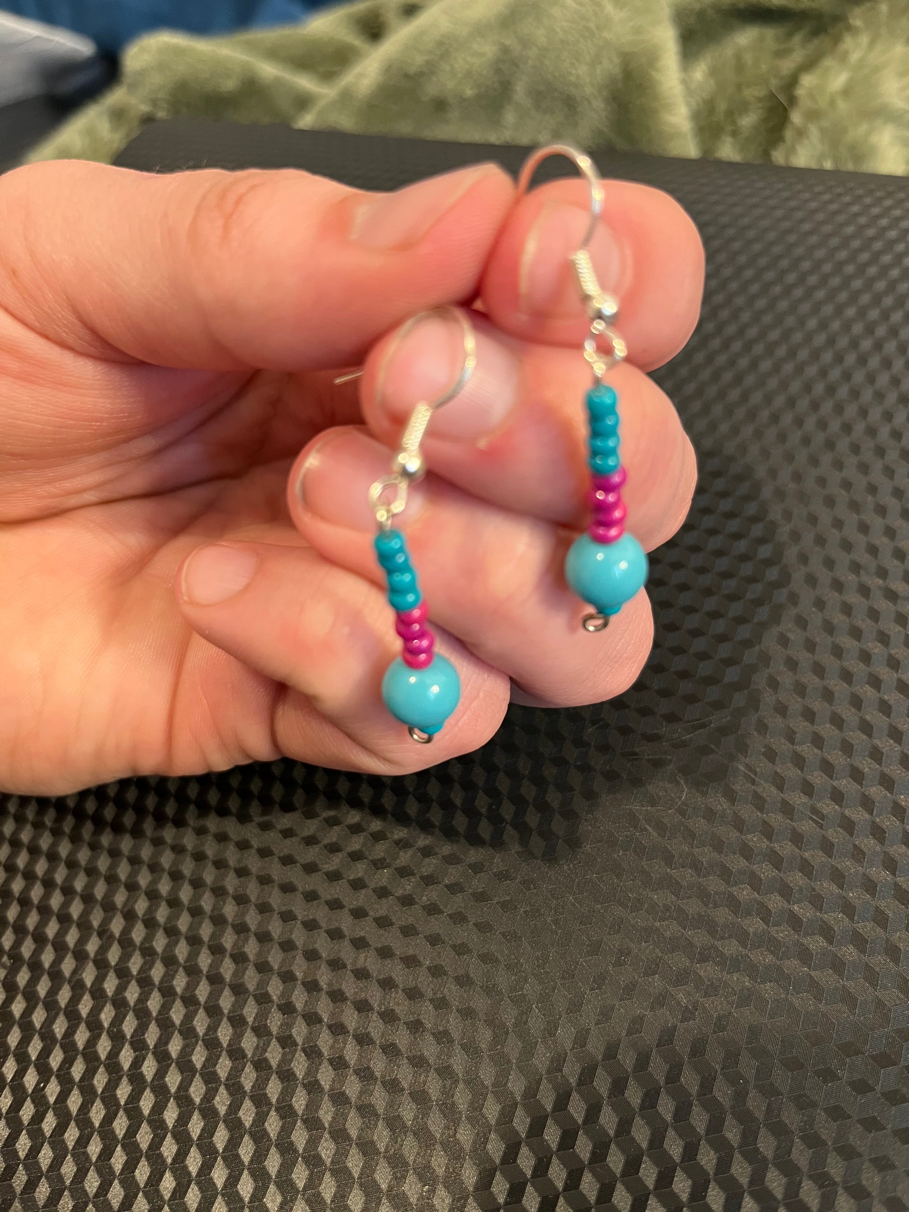 Mini Turquoise & Pink Seed Bead Dangle Earrings